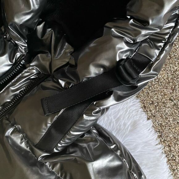 DKNY Silver Puffer Coat Bubble Lined Puffy Shiny Metallic Gunmetal Womens Large - Picture 9 of 13